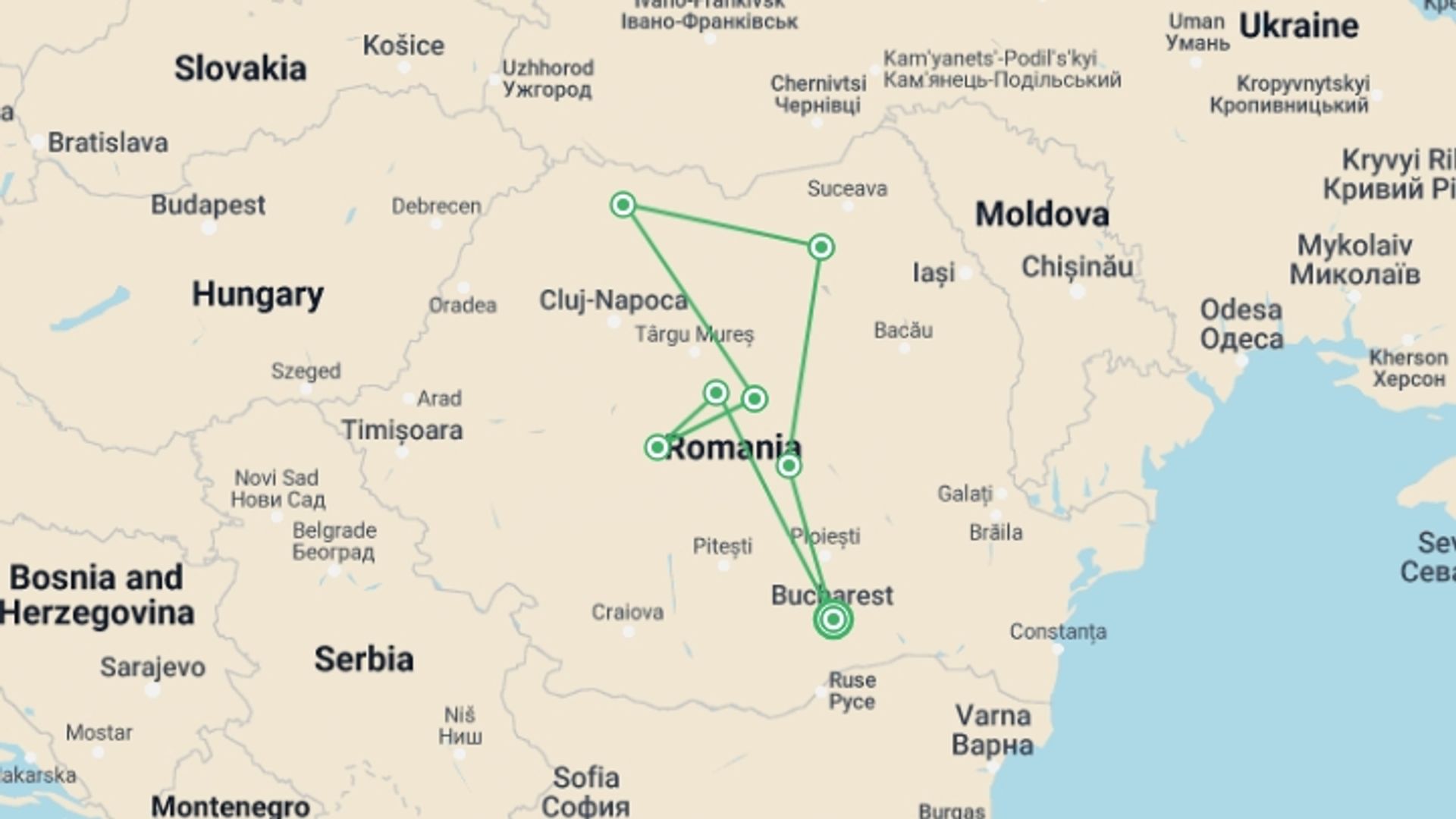 A map showing the tour itinerary for the trip: Romania Grand Tour, starting in Bucharest, Romania and ending in Bucharest, Romania going through 7 other destinations.