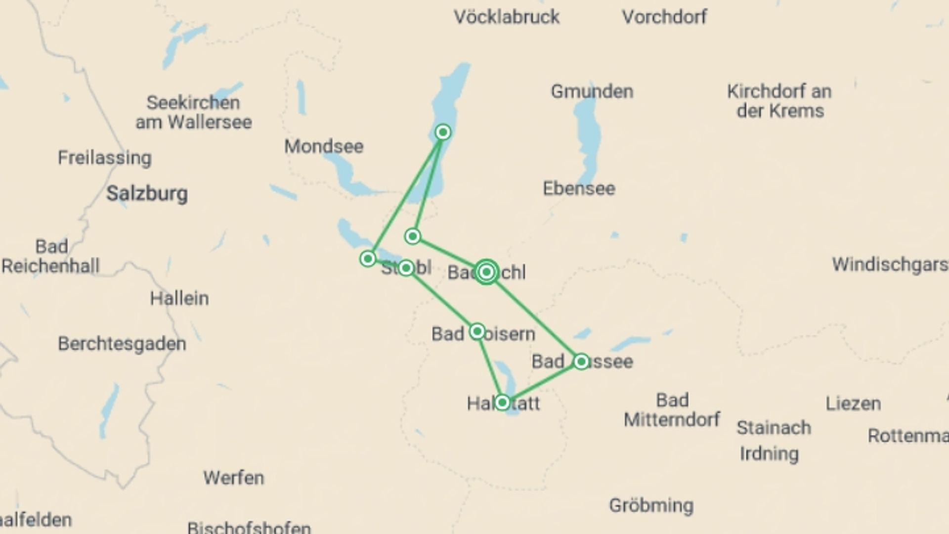 A map showing the tour itinerary for the trip: Austrian Lakes Walk, starting in Bad Ischl, Austria and ending in Bad Ischl, Austria going through 6 other destinations.