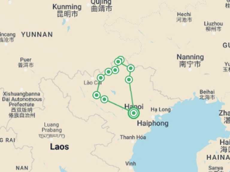 Map of Hanoi Local boat rides Tour with 9 destination visits for the trip: Secret Paths In North Vietnam 10 Days 9 Nights
