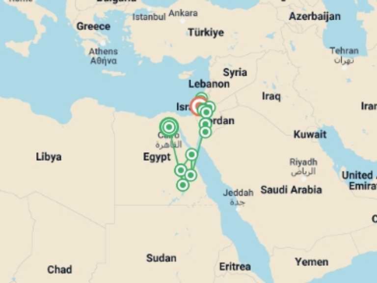 Map of Luxor Explorer Tour with 11 destination visits for the trip: Pyramids, Petra, Promised Land with Cruise - 19 days