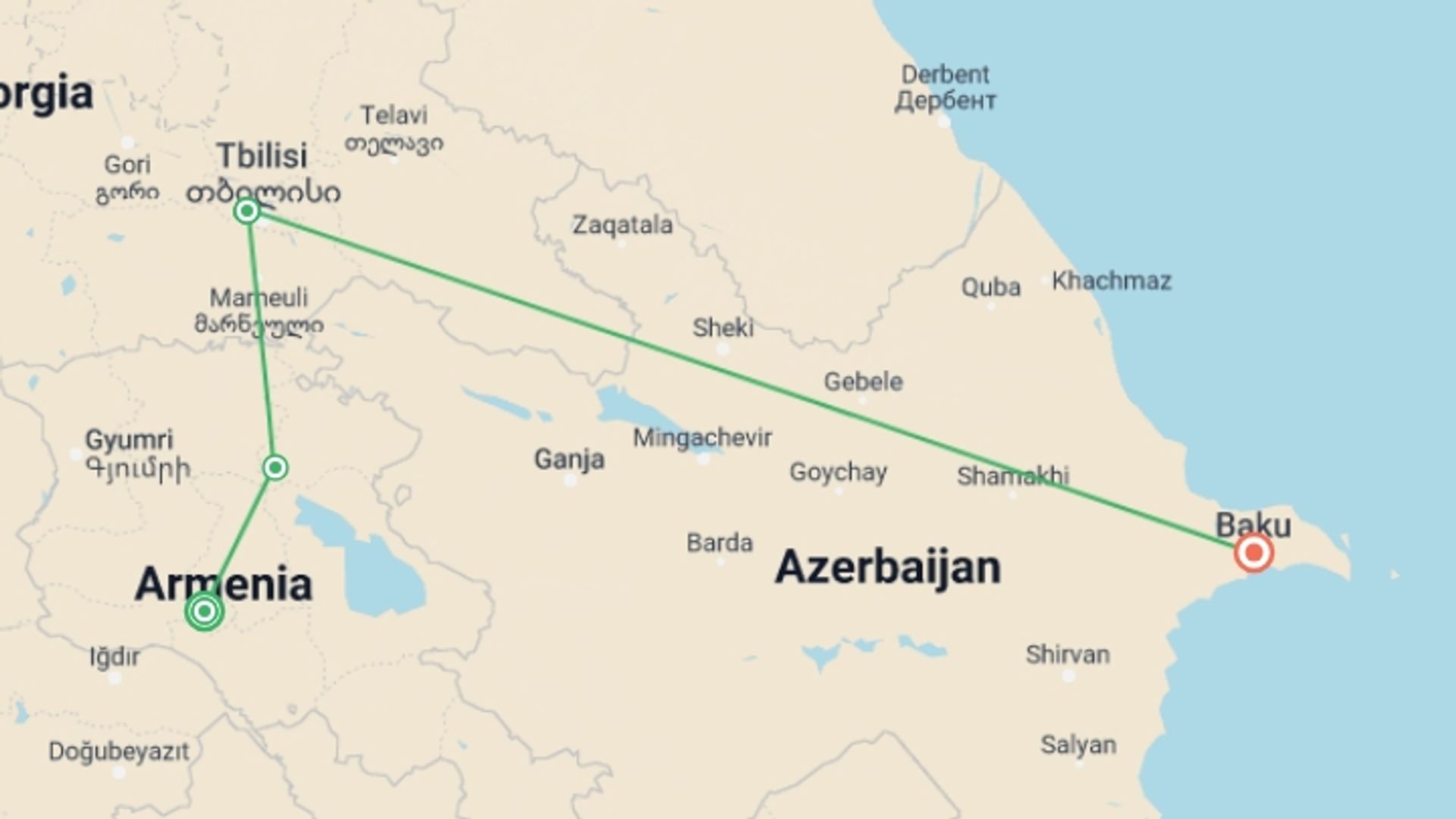 A map showing the tour itinerary for the trip: Caucasus Explorer: Armenia, Georgia and Azerbaijan, starting in Yerevan, Armenia and ending in Baku, Azerbaijan going through 3 other destinations.