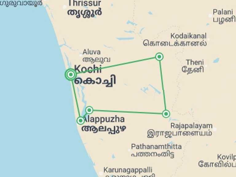 Map itinerary of Kerala & Tamil Nadu Tour in November 2026 with 6 destination visits for the trip: Kerala Backwaters & Hillstations