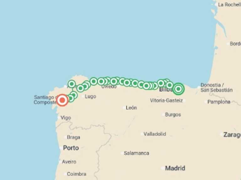 Map itinerary of Europe Tour in June 2026 with 28 destination visits for the trip: Camino Norte - Bilbao to Santiago