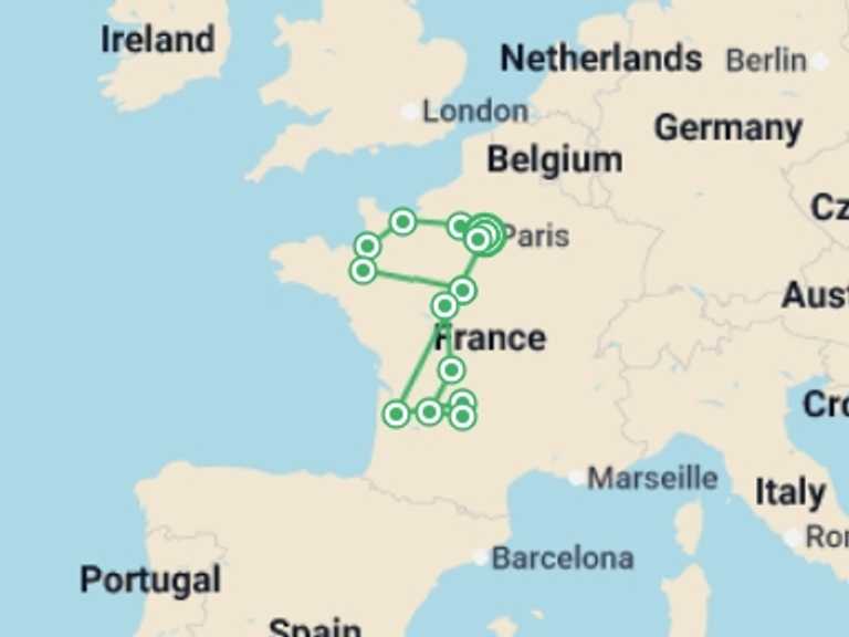 Map itinerary of Mediterranean Tour in March 2026 with 7 destination visits for the trip: Treasures of France