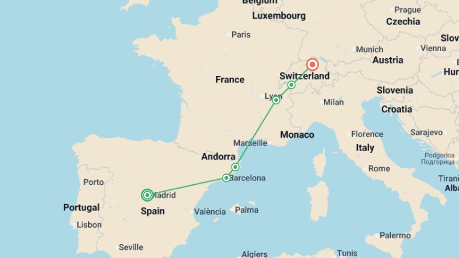 A map showing the tour itinerary for the trip: Madrid to Zurich, starting in Madrid, Spain and ending in Zurich, Switzerland going through 4 other destinations.