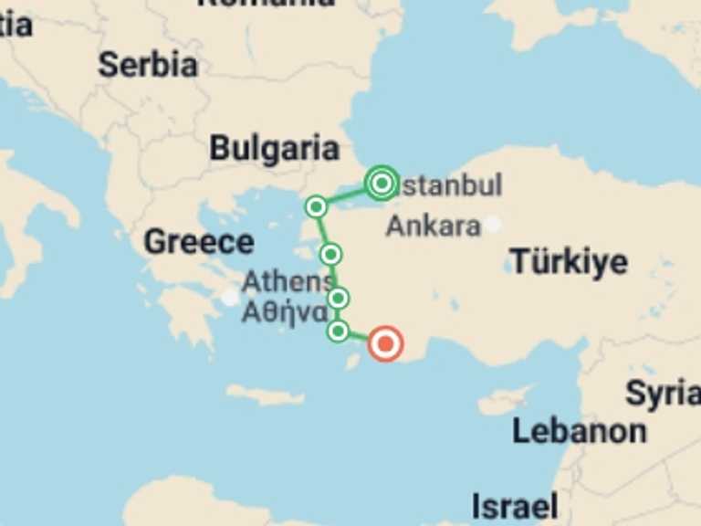 Map itinerary of Europe Tour in August 2026 with 7 destination visits for the trip: Wonders of Aegean With Gulet Tour