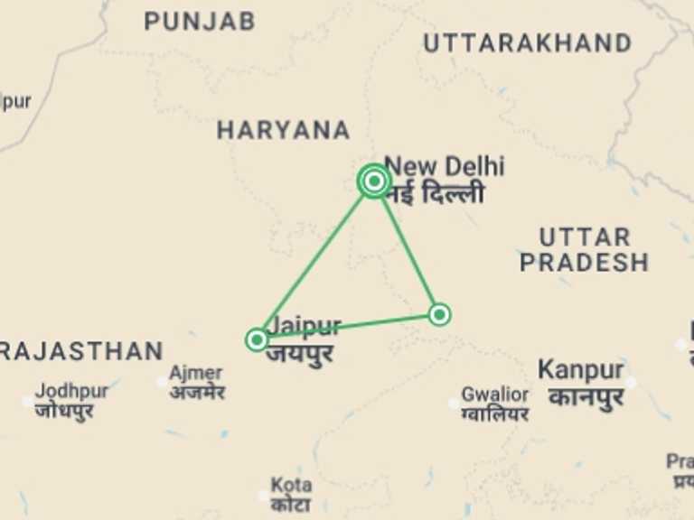 Map of 9-Day New Delhi Tour with 3 destination visits for the trip: Golden Triangle of India - 9 days
