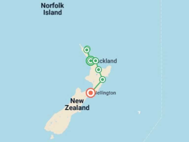 Map of a Sightseeing Tour with 7 destination visits for the trip: North Island Explorer - 11 days