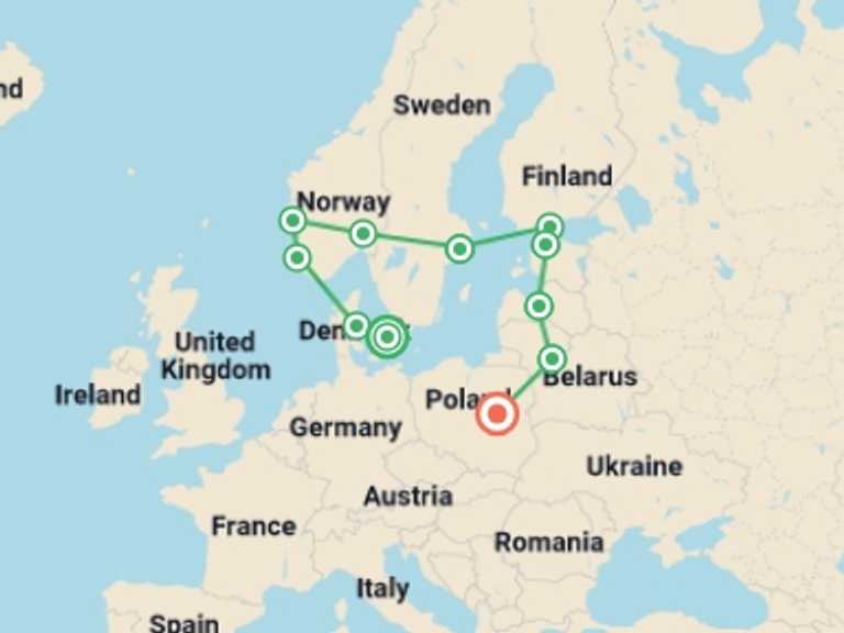 Map itinerary of Vilnius Tour in February 2026 with 11 destination visits for the trip: ScanBaltic Tour