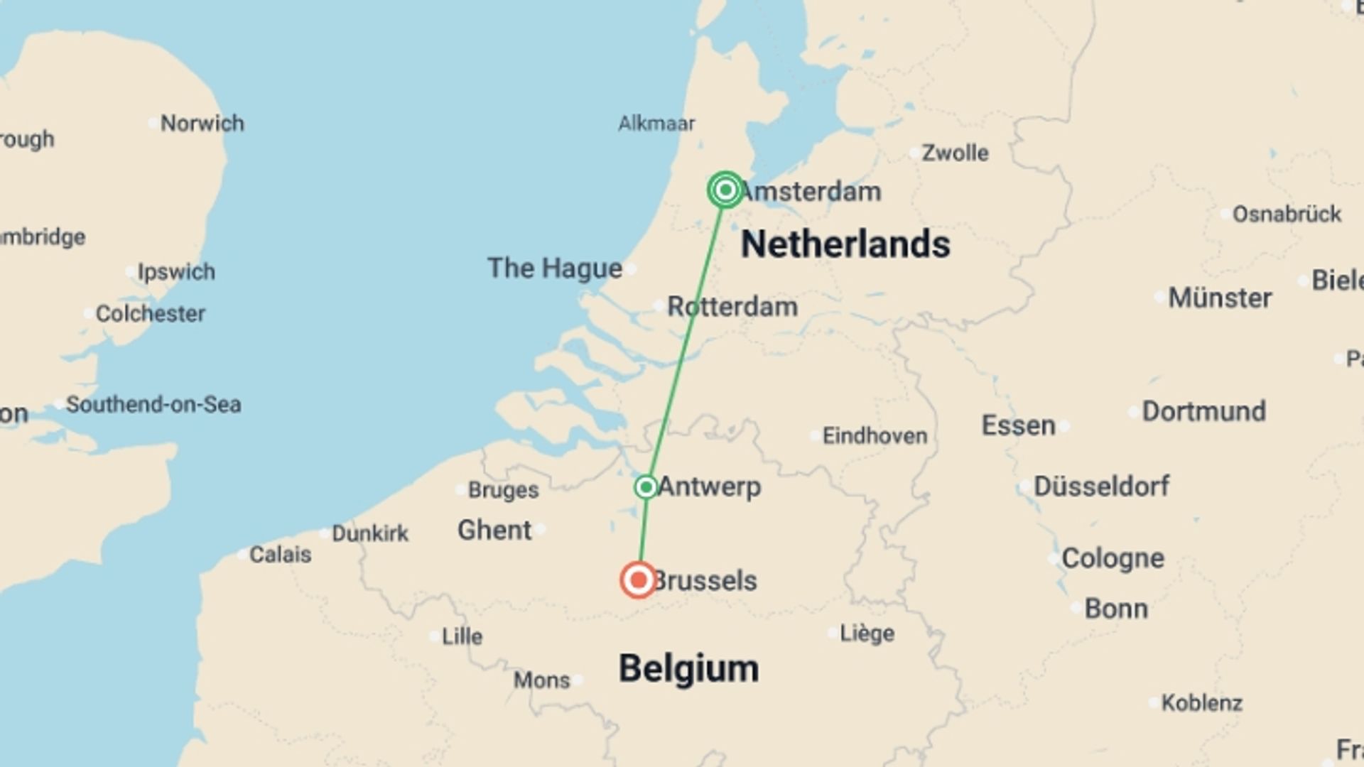 A map showing the tour itinerary for the trip: The treasures of the north through Holland and Belgium (port-to-port cruise), starting in Amsterdam, Holland and ending in Brussels, Belgium going through 2 other destinations.