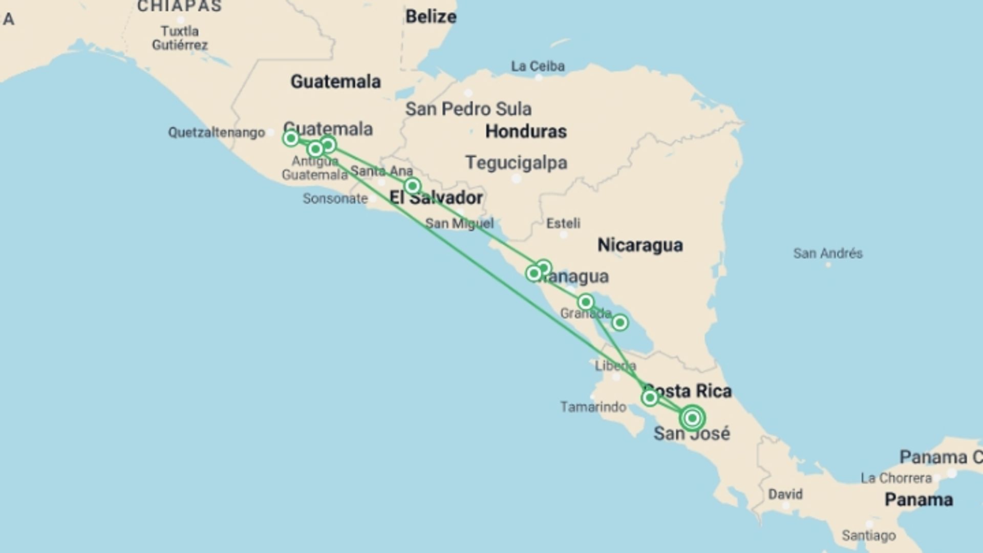 A map showing the tour itinerary for the trip: Central American Highlights, starting in San Jose, Costa Rica and ending in San Jose, Costa Rica going through 10 other destinations.