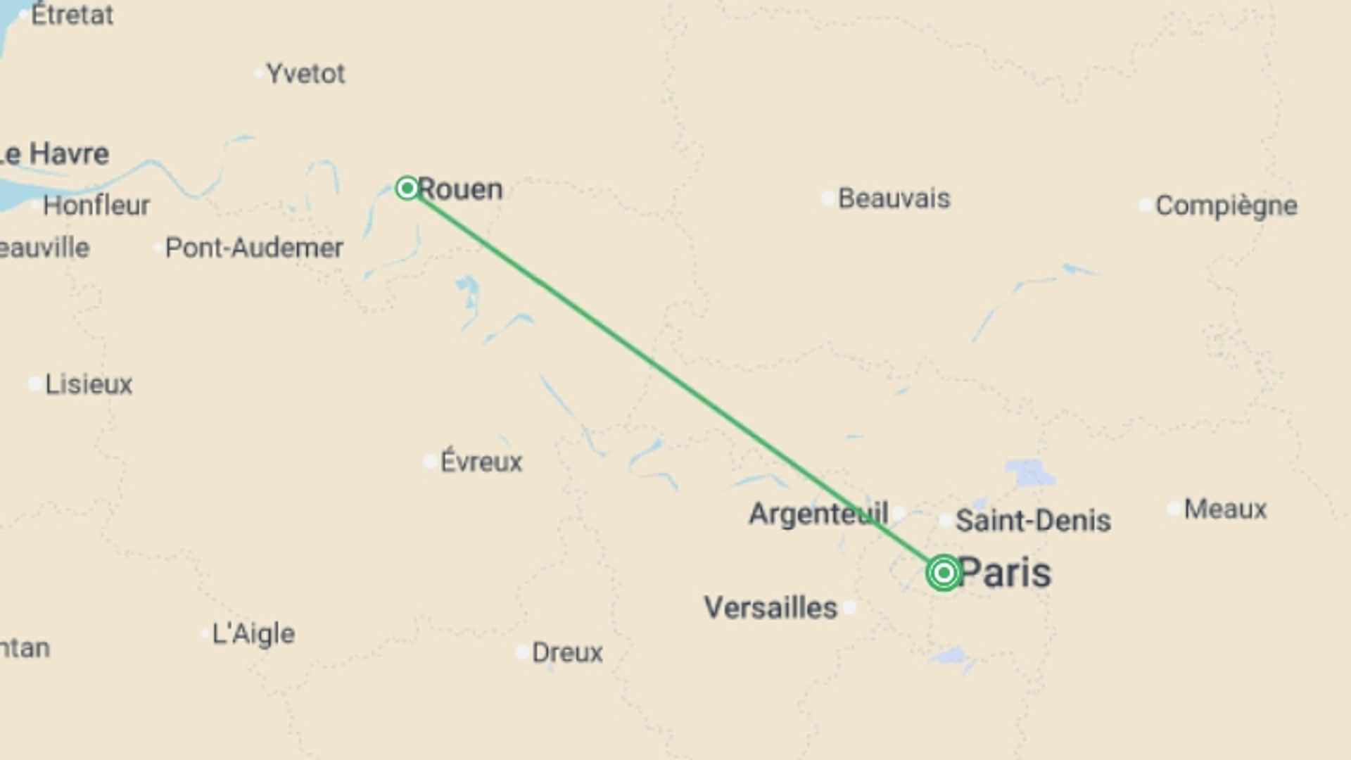 A map showing the tour itinerary for the trip: The Seine in Majesty Aboard a Paddle Wheel Boat (port-to-port cruise), starting in Paris, France and ending in Paris, France going through 1 other destinations.