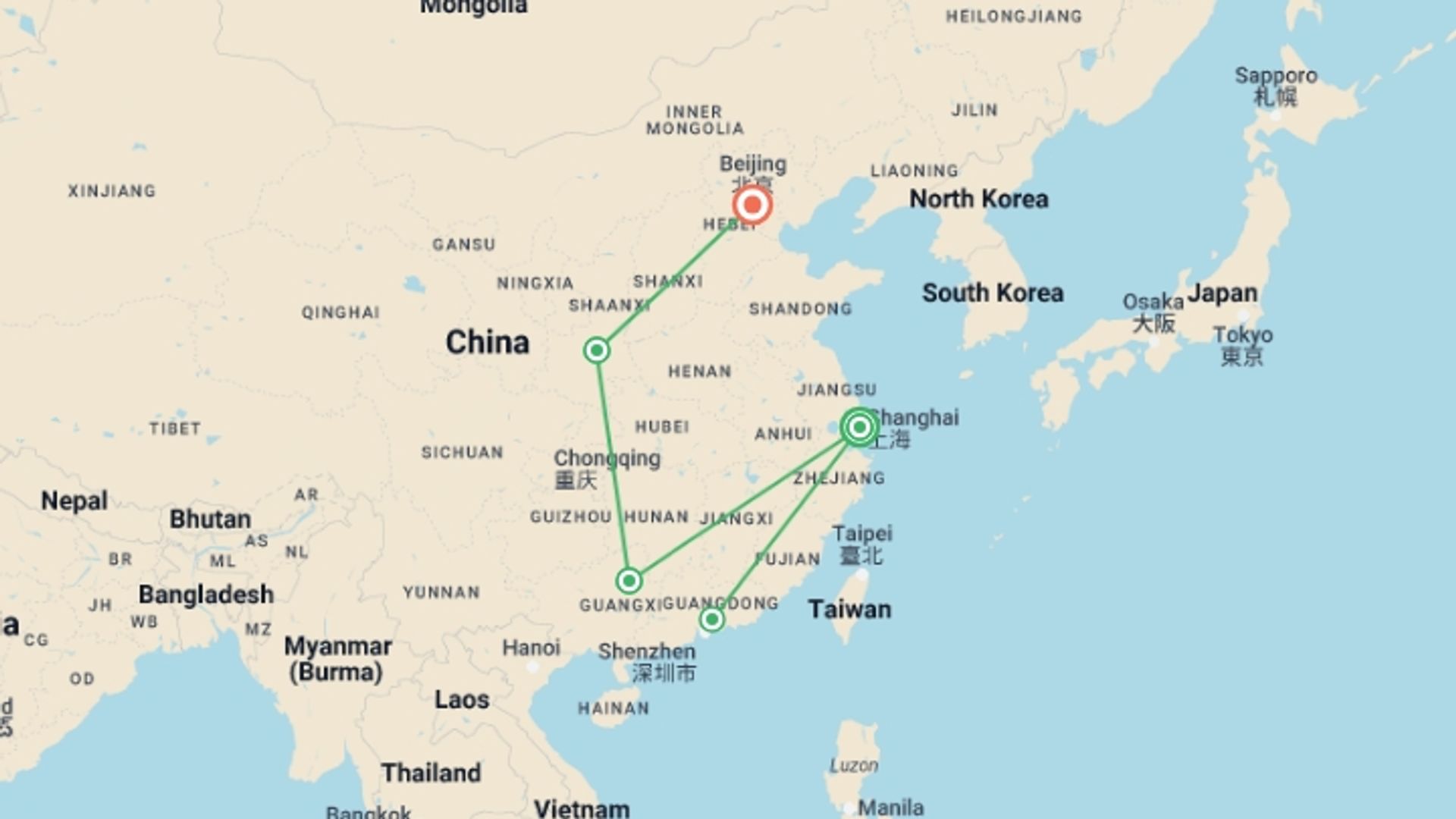 A map showing the tour itinerary for the trip: Premium China, starting in Shanghai, China and ending in Beijing, China going through 3 other destinations.