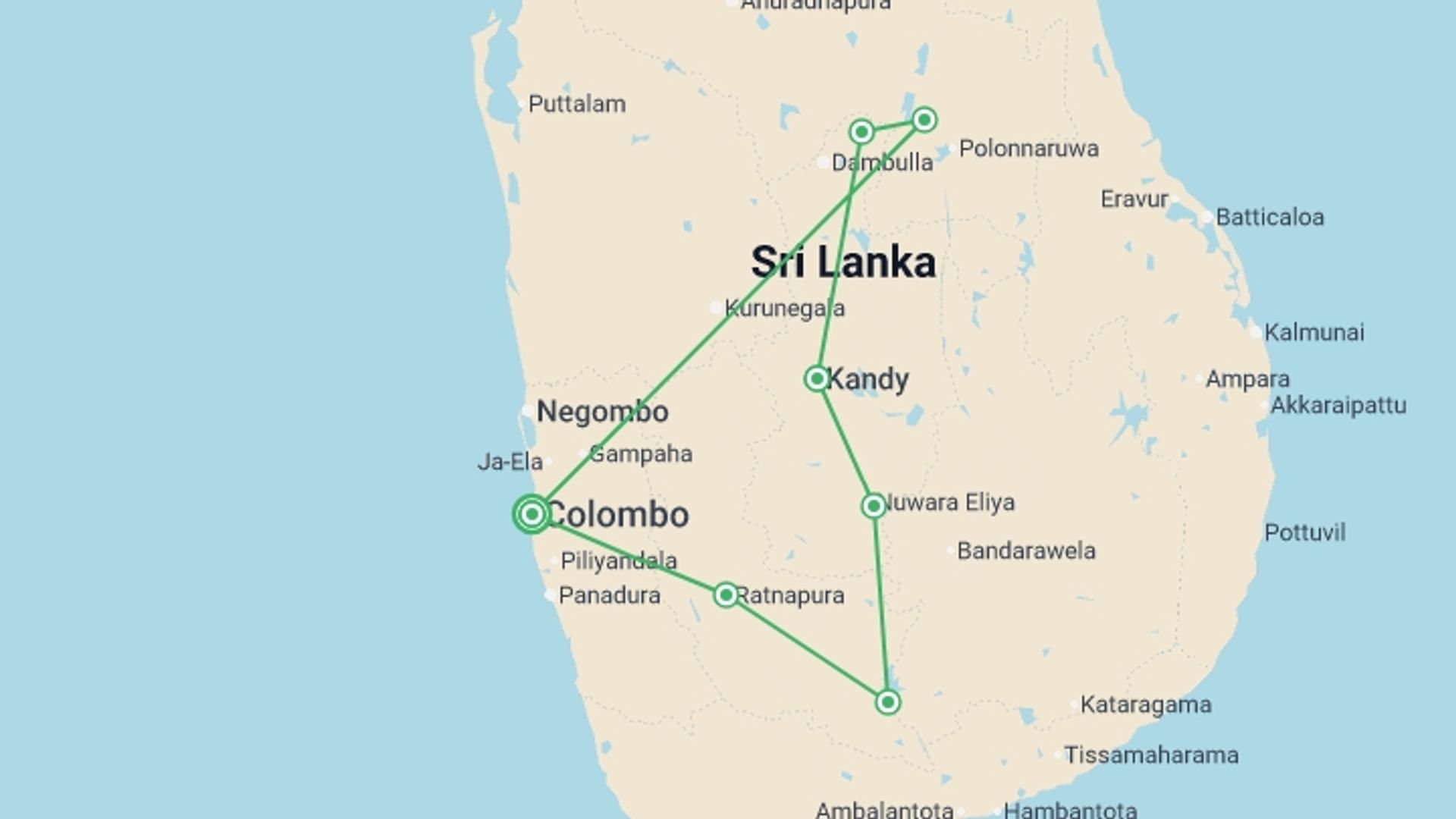 A map showing the tour itinerary for the trip: Classic Sri Lanka - 9 Days, starting in Colombo, Sri Lanka and ending in Colombo, Sri Lanka going through 4 other destinations.