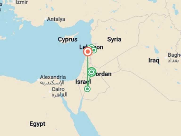Map itinerary of Southern Africa Tour in December 2025 with 7 destination visits for the trip: Jordan & Lebanon Express