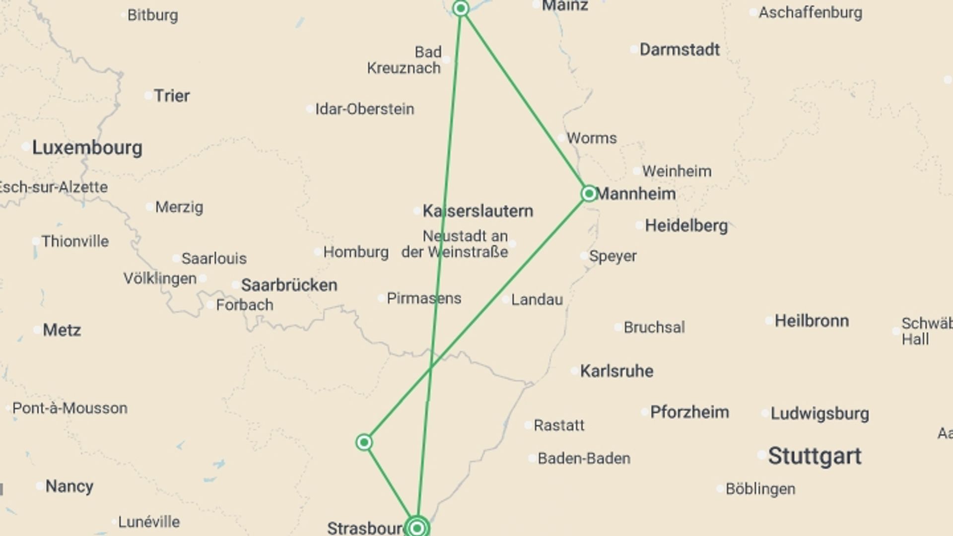 A map showing the tour itinerary for the trip: LOYALTY CRUISE - The Rhine in Celebration! (Port to Port), starting in Strasbourg, France and ending in Strasbourg, France going through 3 other destinations.