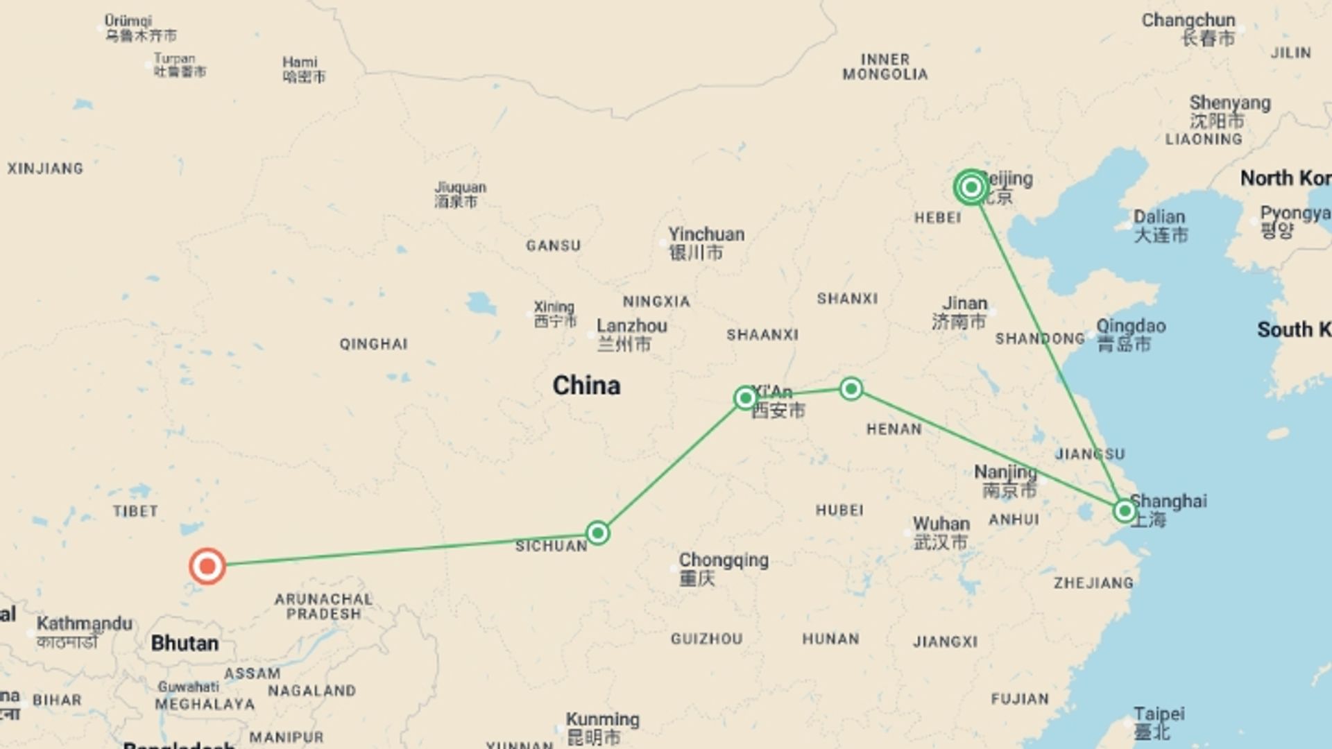 A map showing the tour itinerary for the trip: Essence of China with Chengdu and Lhasa, starting in Beijing, China and ending in Lhasa, China going through 4 other destinations.