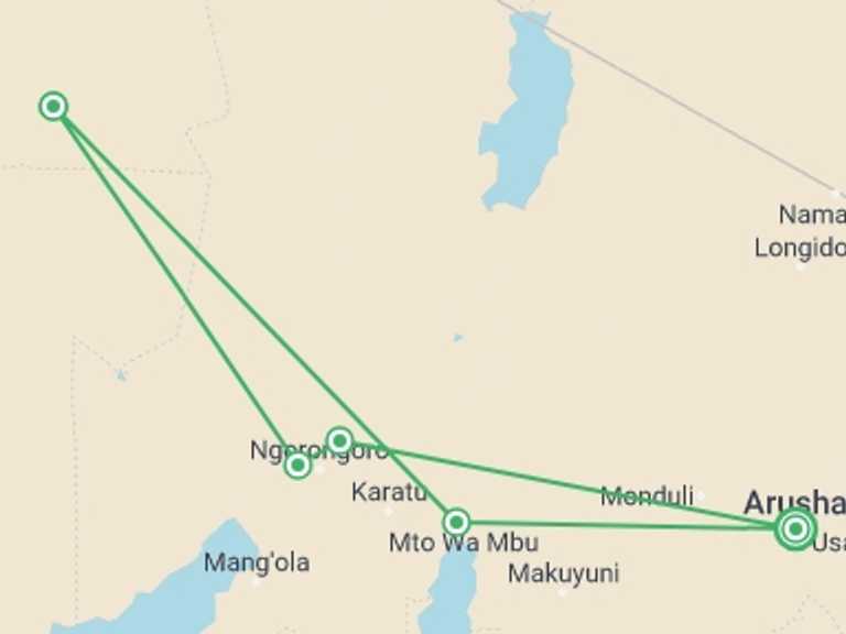Map itinerary of Tanzania Tour in April 2027 with 7 destination visits for the trip: 6 Days Tanzania Experience in Luxury Tented Camp