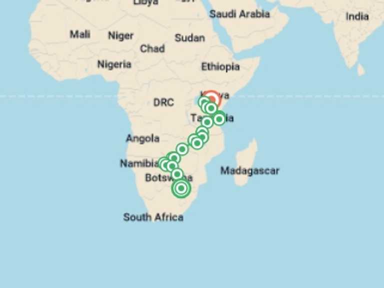 Map itinerary of Africa Tour in October 2026 with 21 destination visits for the trip: Johannesburg to East Africa Overland Safari & Participation Camping