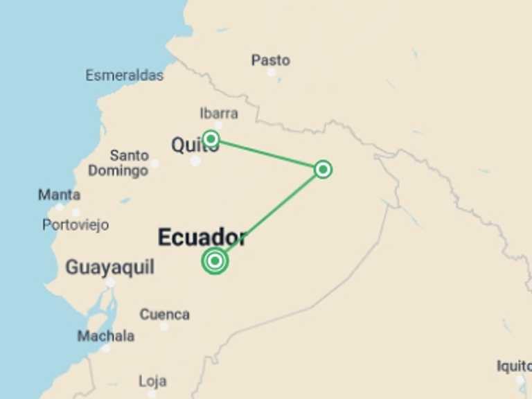 Map of Ecuador Tour with 3 destination visits for the trip: 5 Days Amazon Lodge Cuyabeno Reserve