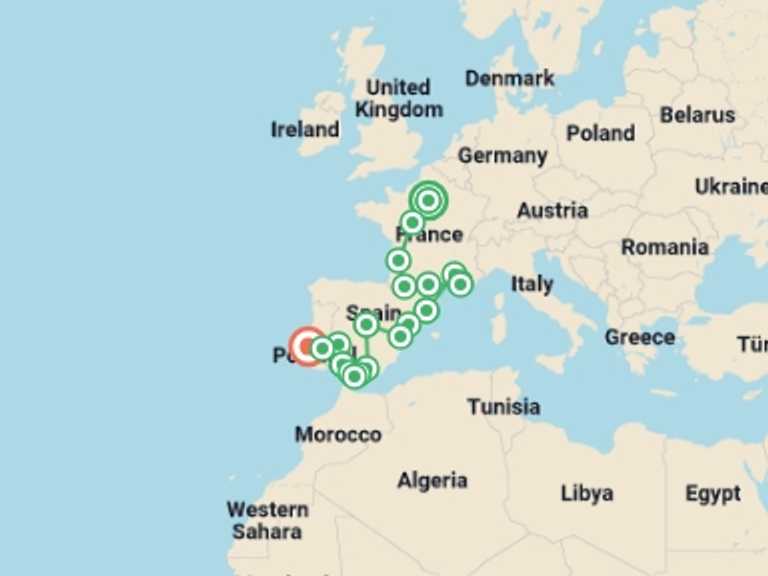 Map of Lisbon Cultural, religious and historic sites Tour with 2 destination visits for the trip: Paris, Lourdes, Côte d'Azur, Provence with Spain and Lisbon