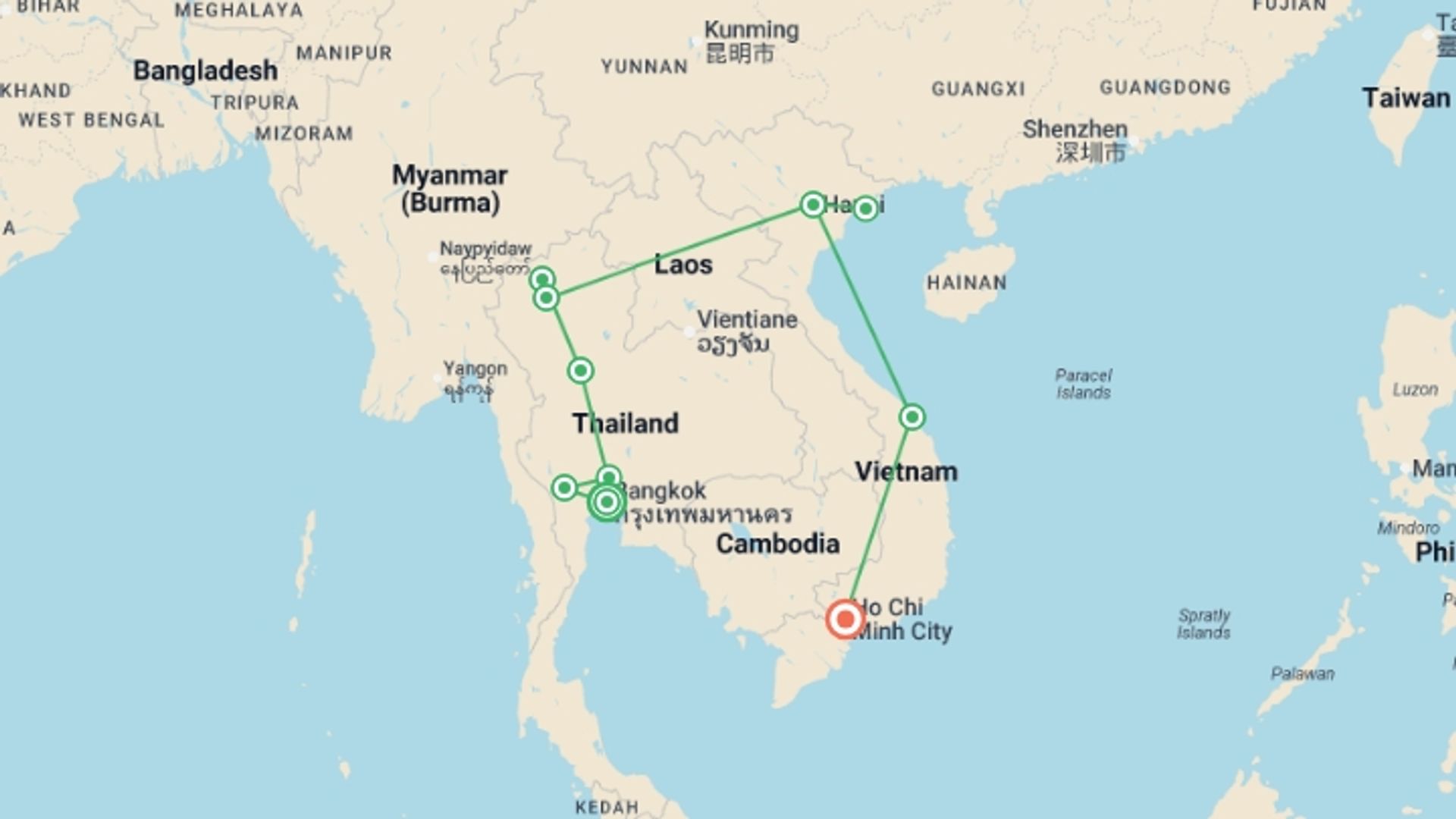 A map showing the tour itinerary for the trip: Premium Thailand and Vietnam, starting in Bangkok, Thailand and ending in Ho Chi Minh City, Vietnam going through 8 other destinations.