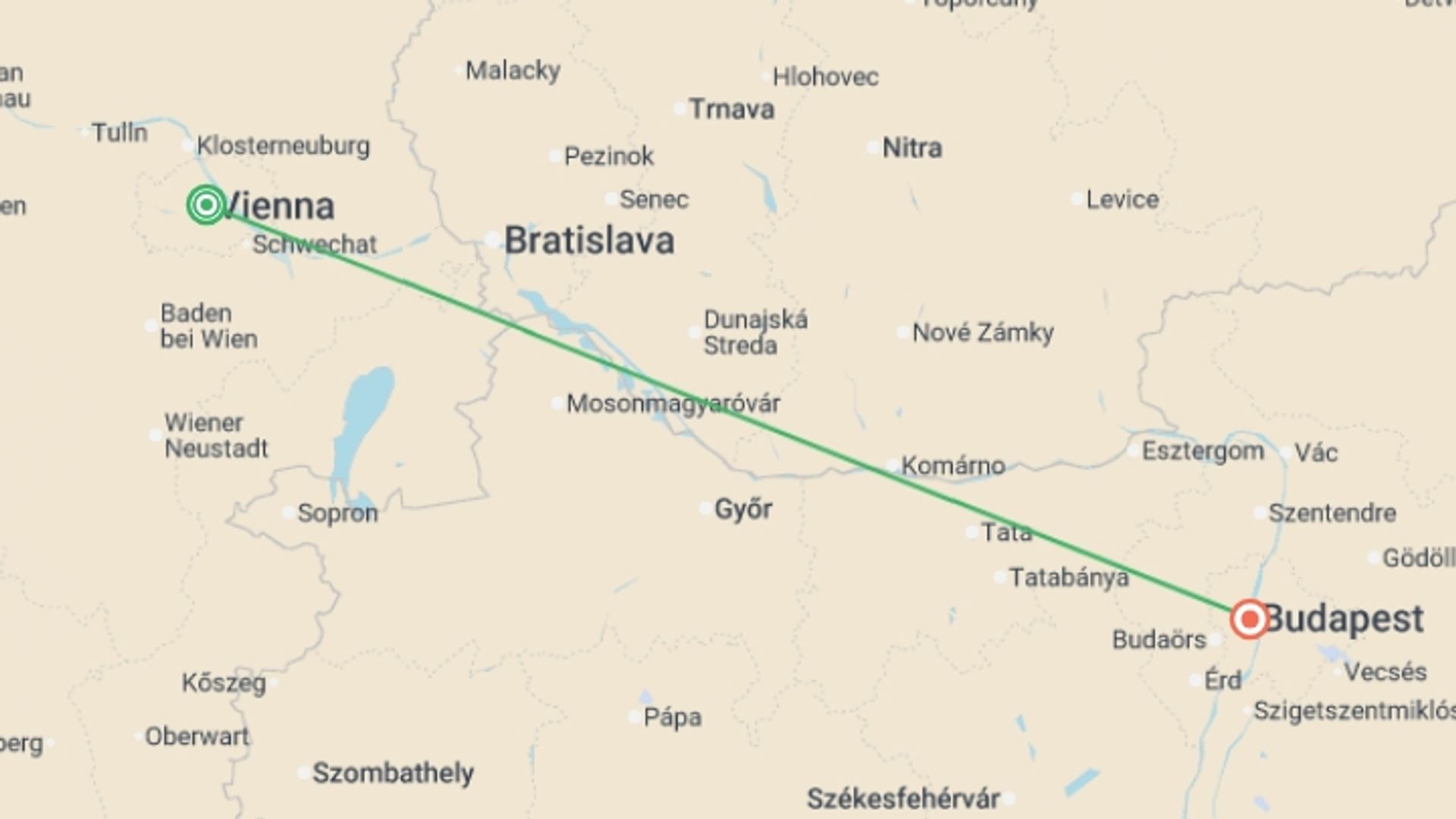 A map showing the tour itinerary for the trip: Vienna and Budapest GO, starting in Vienna, Austria and ending in Budapest, Hungary going through 0 other destinations.