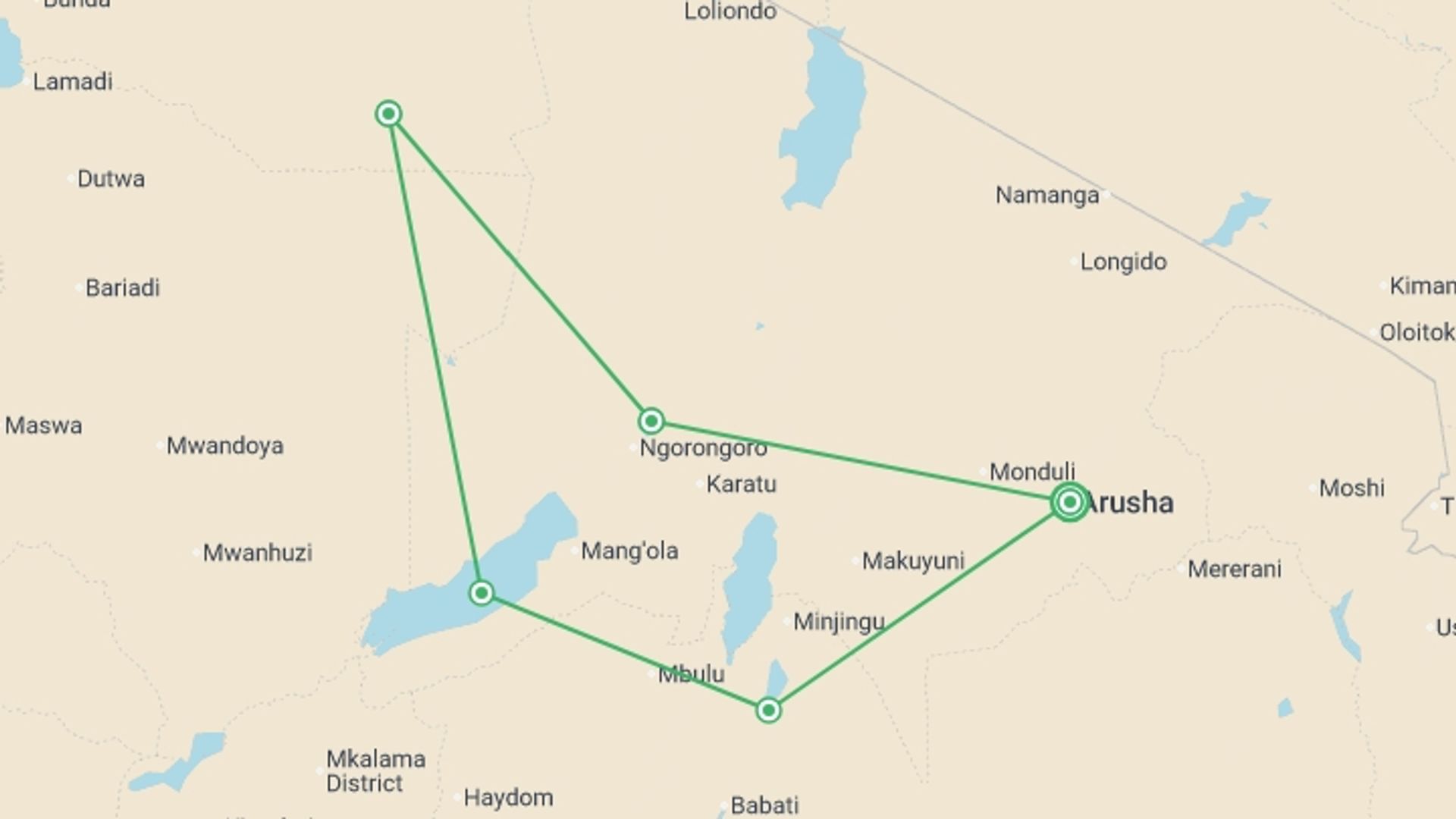 A map showing the tour itinerary for the trip: Tanzania Safari Adventure, starting in Arusha, Tanzania and ending in Arusha, Tanzania going through 4 other destinations.