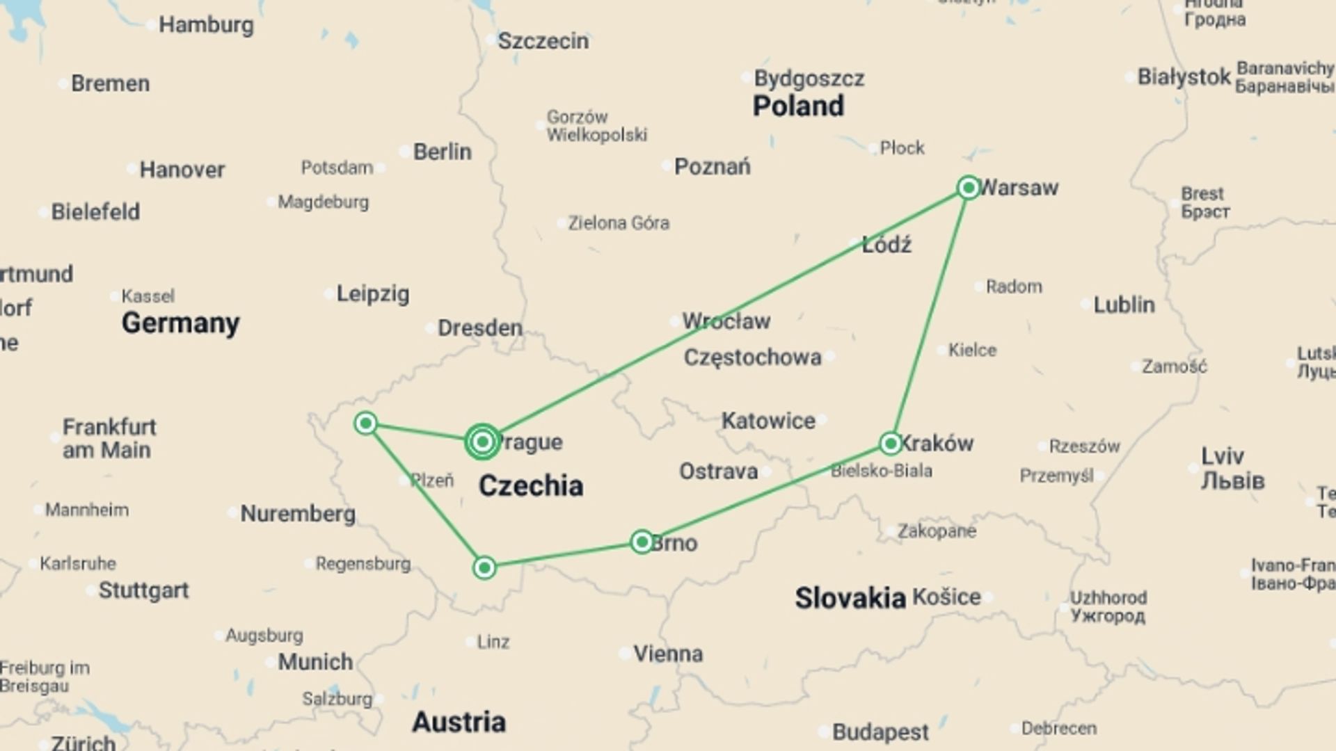 A map showing the tour itinerary for the trip: Full Czechia and Essential Poland, starting in Prague, Czech Republic and ending in Prague, Czech Republic going through 5 other destinations.