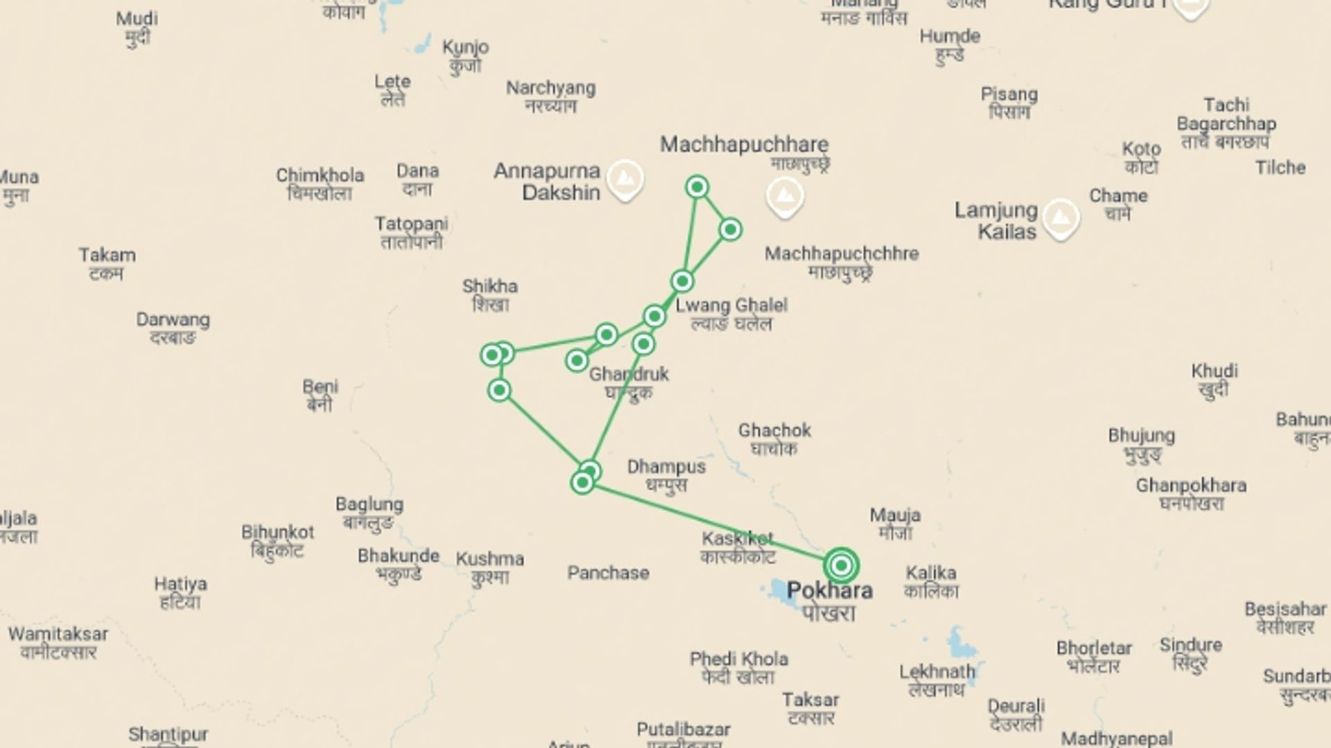 A map showing the tour itinerary for the trip: Annapurna Base Camp Trek, starting in Pokhara, Nepal and ending in Pokhara, Nepal going through 9 other destinations.
