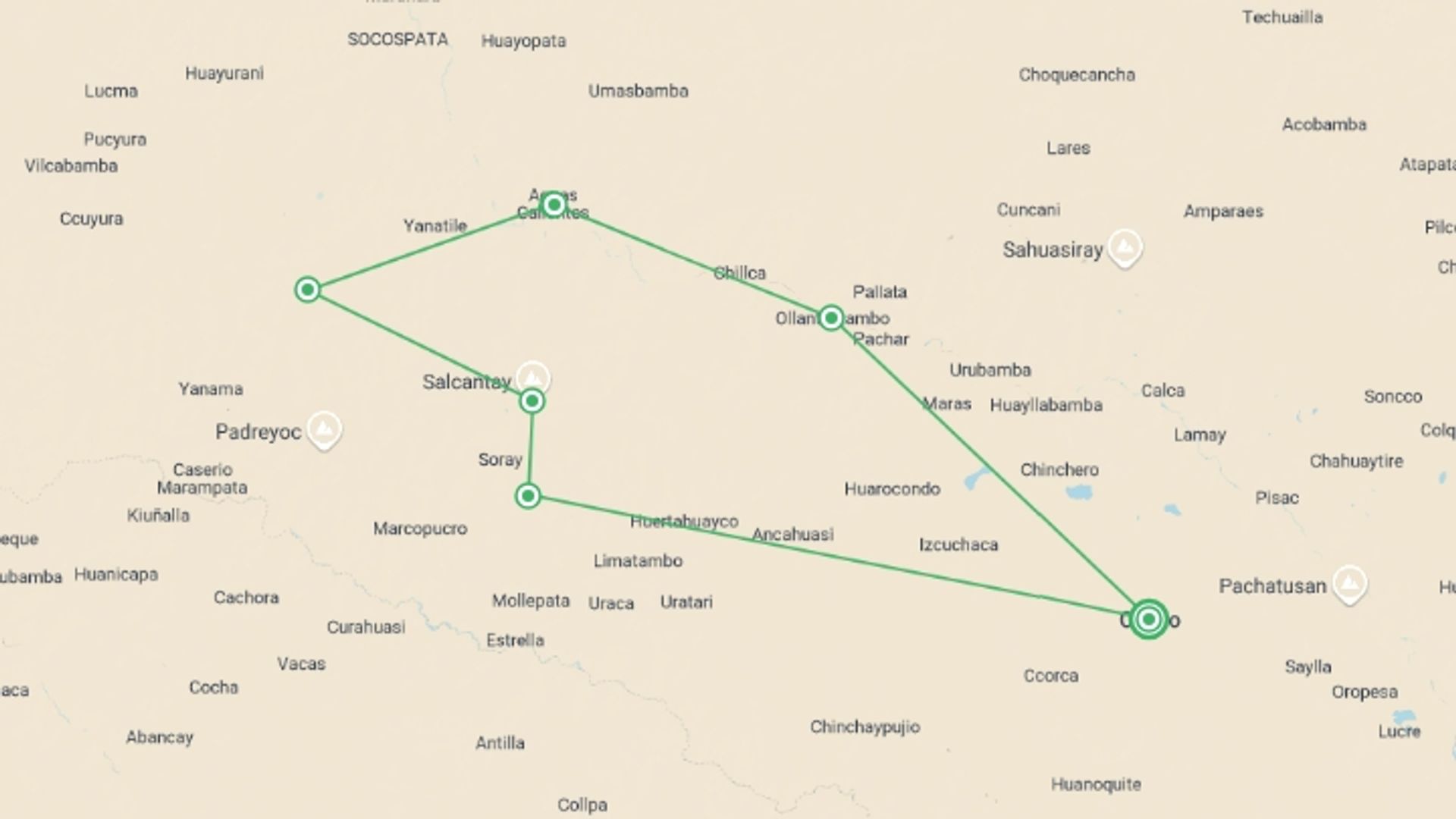 A map showing the tour itinerary for the trip: Salkantay Trek, starting in Cusco, Peru and ending in Cusco, Peru going through 4 other destinations.