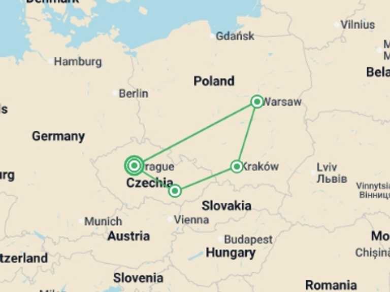 Map itinerary of Europe Tour in June 2026 with 4 destination visits for the trip: Czechia and Essential Poland