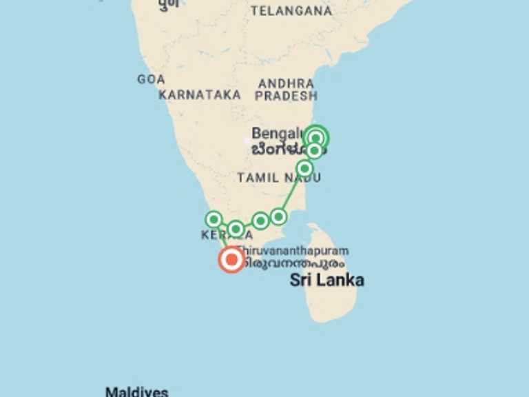 Map itinerary of Chennai Tour in Fall with 7 destination visits for the trip: Classic South India
