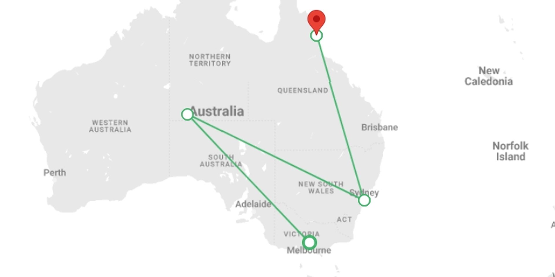 A map showing the tour itinerary for the trip: Aboriginal Culture and Australian Highlights, starting in undefined, Australia and ending in undefined, Australia going through 0 other destinations.