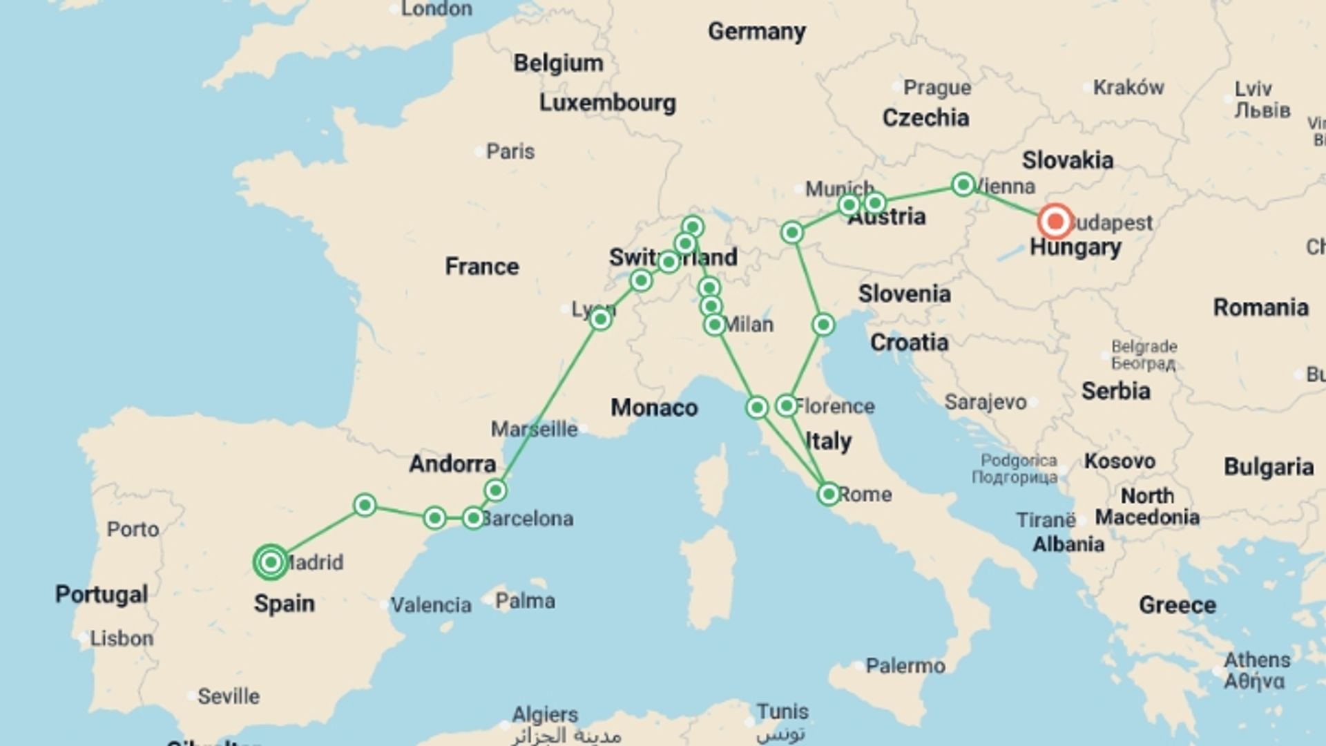 A map showing the tour itinerary for the trip: Best European Panorama, starting in Madrid, Spain and ending in Budapest, Hungary going through 11 other destinations.