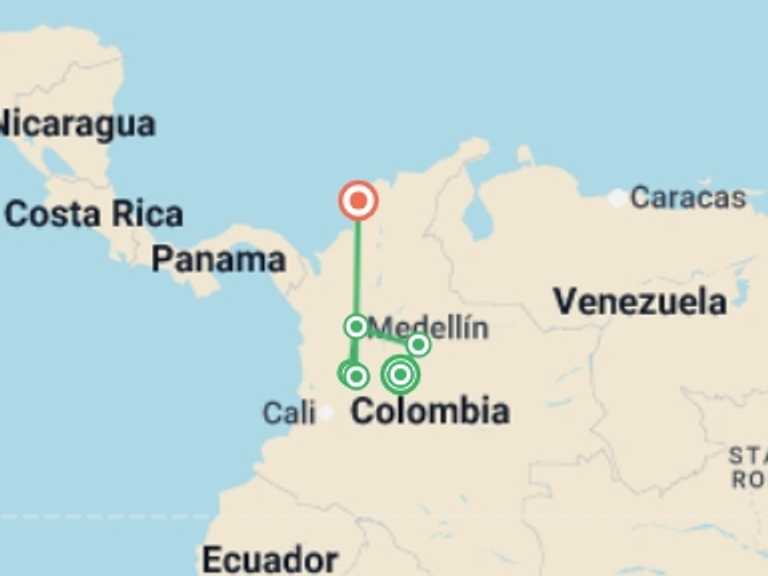 Map itinerary of South America Tour in November 2026 with 6 destination visits for the trip: Capital to Cartagena - 10 days