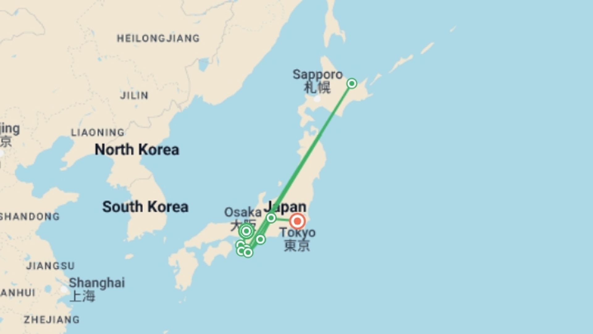 A map showing the tour itinerary for the trip: Japan's Kumano Kodo, starting in Kyoto, Japan and ending in Tokyo, Japan going through 8 other destinations.