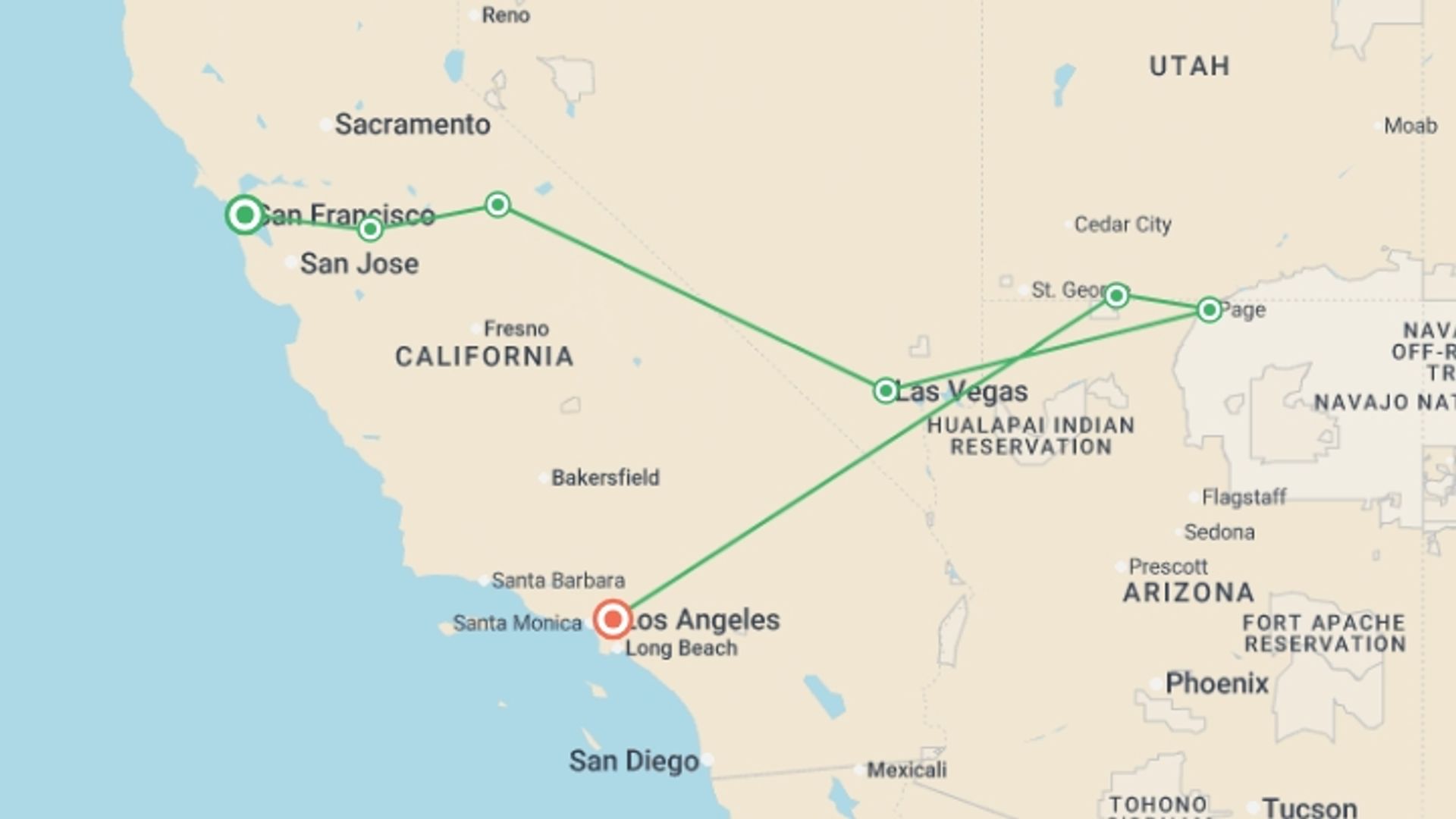 A map showing the tour itinerary for the trip: San Francisco to Grand Canyon & LA - 6 days, starting in San Francisco, USA and ending in Los Angeles, USA going through 6 other destinations.