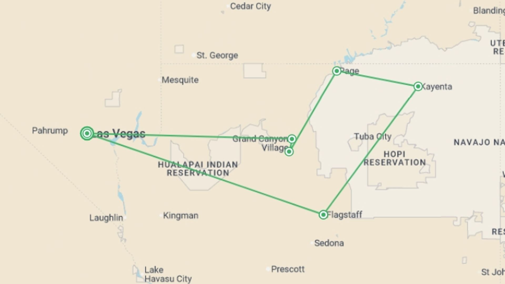 A map showing the tour itinerary for the trip: Landscapes of the American Southwest - 7 days, starting in Las Vegas, USA and ending in Las Vegas, USA going through 5 other destinations.