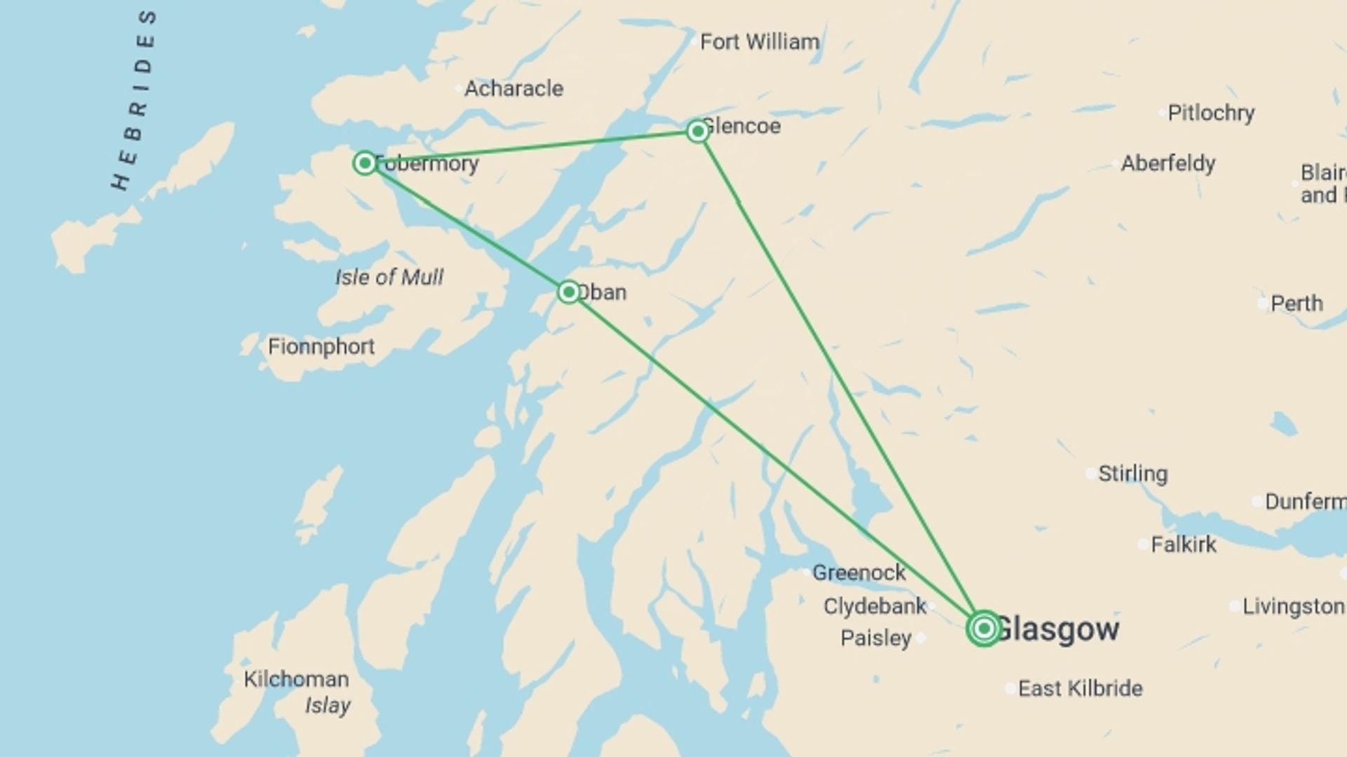 A map showing the tour itinerary for the trip: Magic Mull From Glasgow (Hotel) - 3 days, starting in Glasgow, Scotland and ending in Glasgow, Scotland going through 1 other destinations.