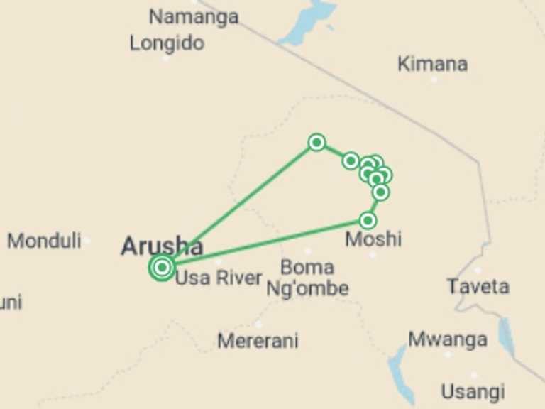 Map of 7-Day Arusha Tour with 9 destination visits for the trip: 7 Days Kilimanjaro Climb via Lemosho Route