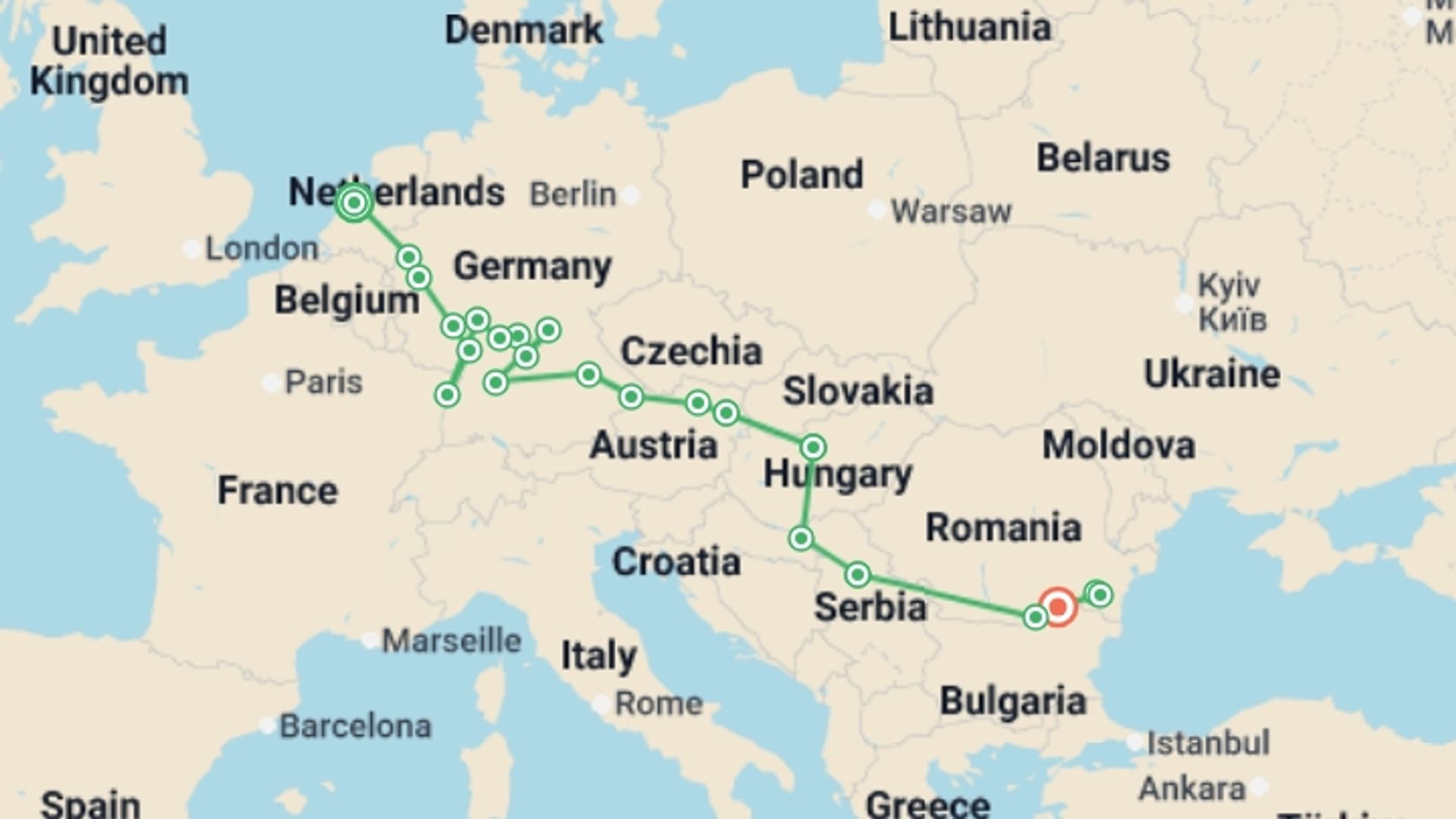 A map showing the tour itinerary for the trip: From Amsterdam to the Iron Gates, experience it all on a European river cruise (port-to-port cruise), starting in Amsterdam, Holland and ending in Oltnenita, Romania going through 20 other destinations.