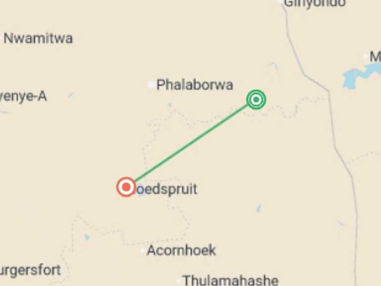 Map of Africa Tour with 2 destination visits for the trip: Kruger National Park Safari Experience, Self-drive