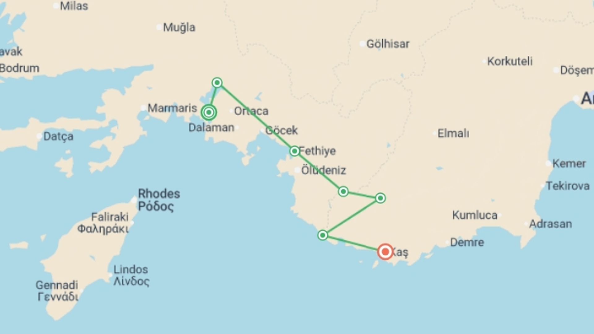 A map showing the tour itinerary for the trip: Cycle Turkey, starting in Dalyan, Turkey and ending in Kas, Turkey going through 5 other destinations.