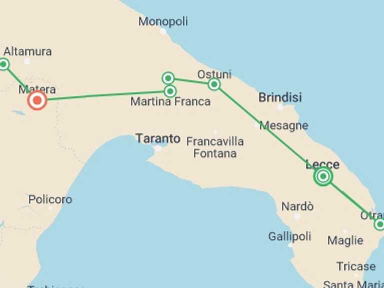 Map of Italy Tour with 7 destination visits for the trip: Self Guided Walking in Puglia: From Lecce to Matera