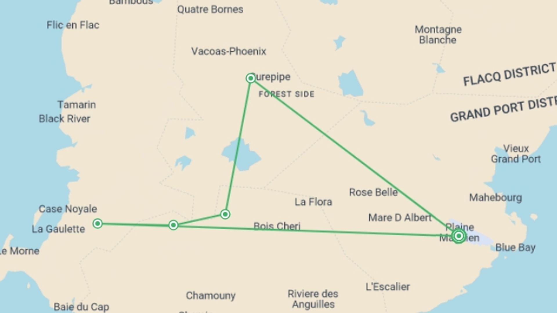 A map showing the tour itinerary for the trip: Mauritian Wonders, Private Tour (3* Hotel), starting in Grand Baie, Mauritius and ending in Grand Baie, Mauritius going through 0 other destinations.