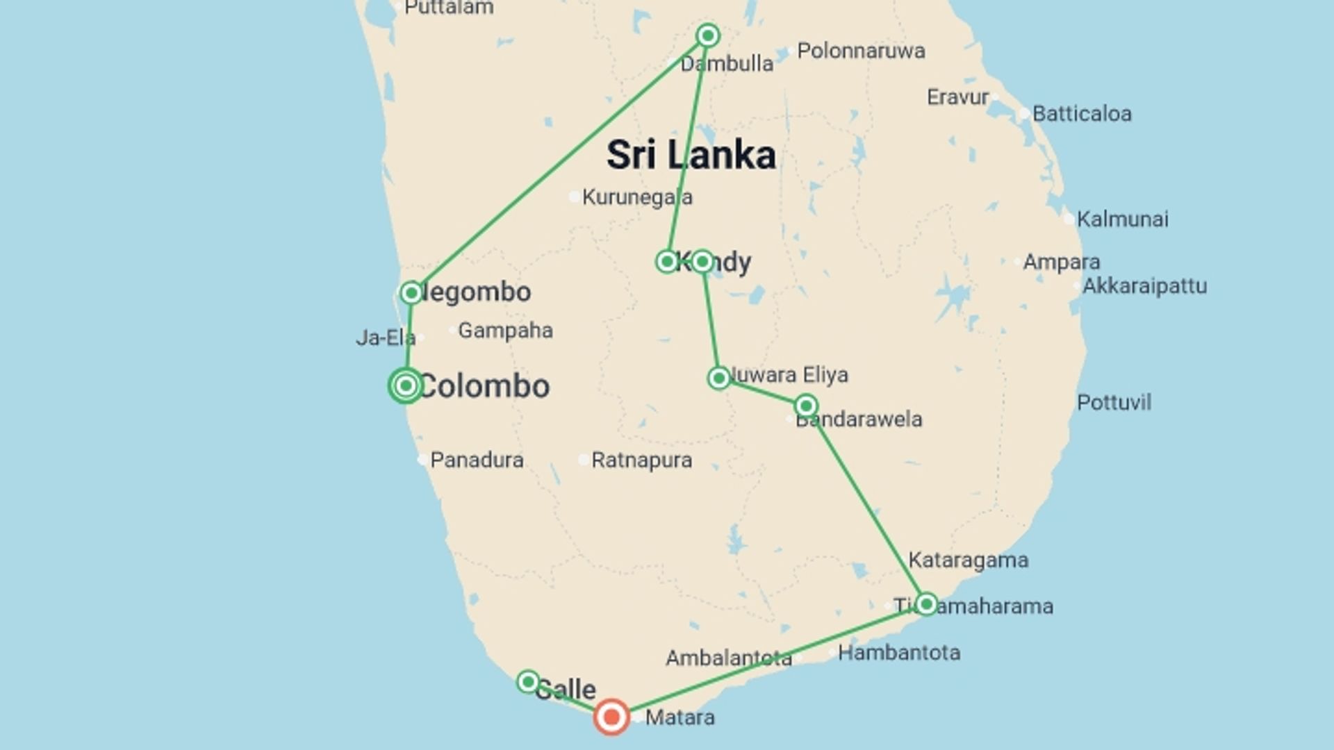 A map showing the tour itinerary for the trip: Sri Lanka Encompassed, starting in Colombo, Sri Lanka and ending in Mirissa, Sri Lanka going through 8 other destinations.