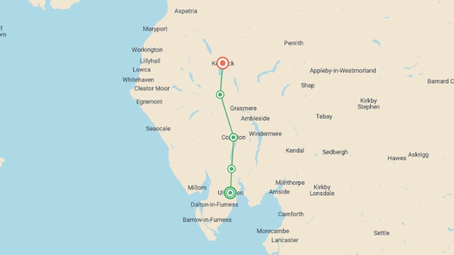 A map showing the tour itinerary for the trip: The Cumbria Way - 8 Days, starting in Ulverston, England and ending in Keswick, England going through 4 other destinations.