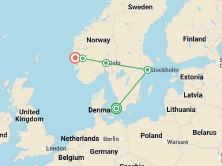 Map itinerary of Europe Tour in July 2026 with 5 destination visits for the trip: Scandinavian Discovery