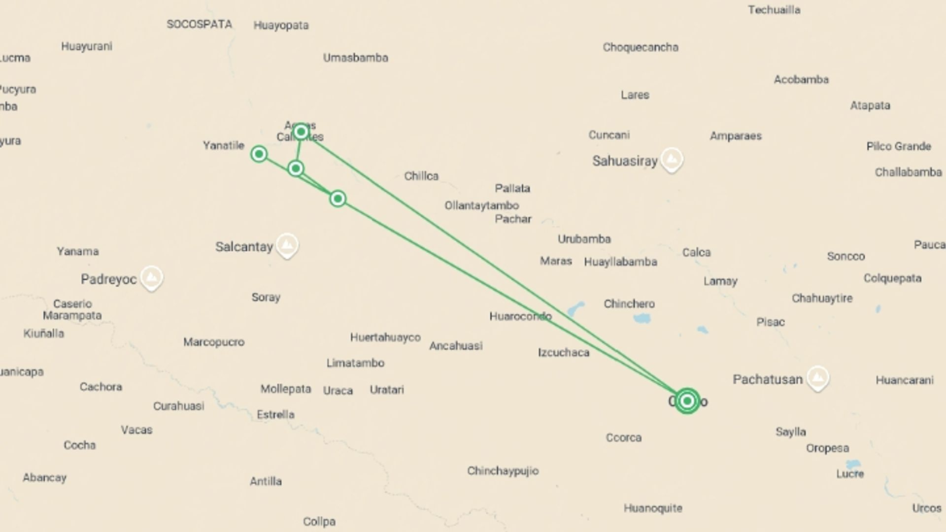 A map showing the tour itinerary for the trip: Inca Trail Trek, starting in Cusco, Peru and ending in Cusco, Peru going through 4 other destinations.
